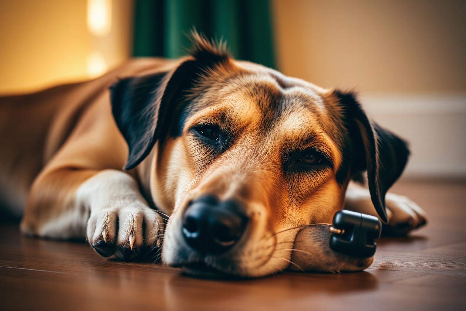 A calm dog resting in warm light